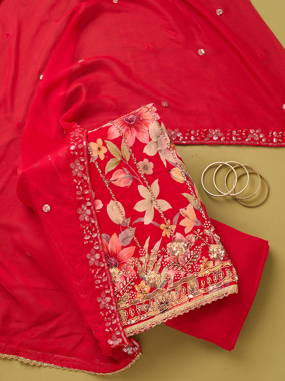 Red Crepe Floral Cutdana Unstitched Dress Material With Matching Bottom And Dupatta