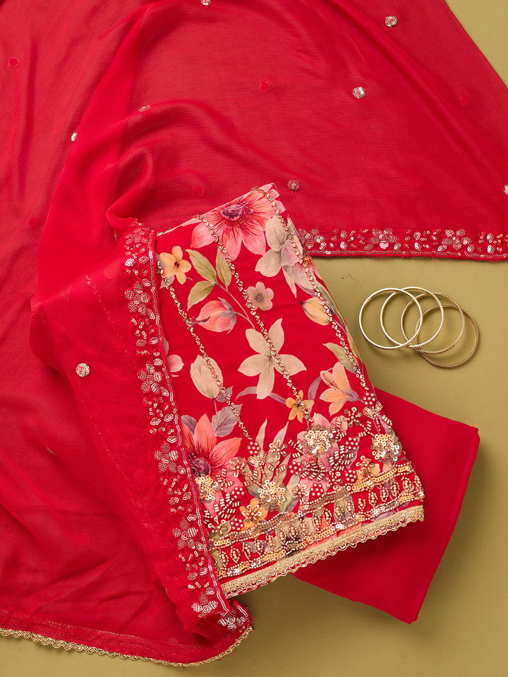 Red Crepe Floral Cutdana Unstitched Dress Material With Matching Bottom And Dupatta