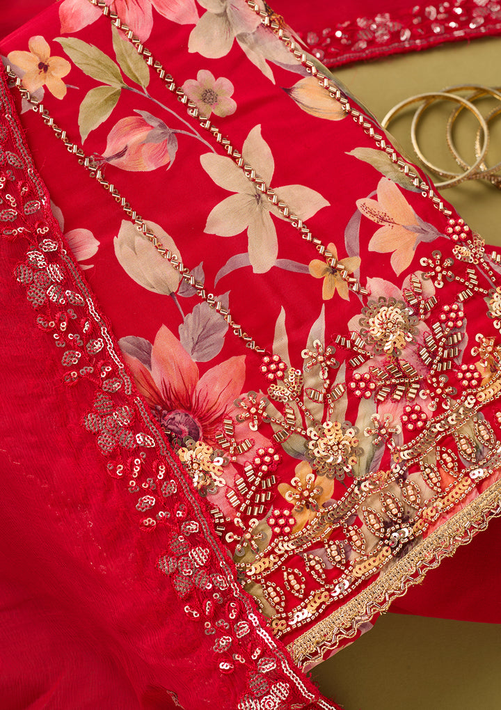 Red Crepe Floral Cutdana Unstitched Dress Material With Matching Bottom And Dupatta