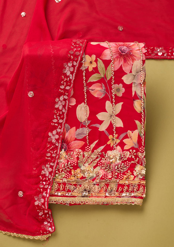Red Crepe Floral Cutdana Unstitched Dress Material With Matching Bottom And Dupatta