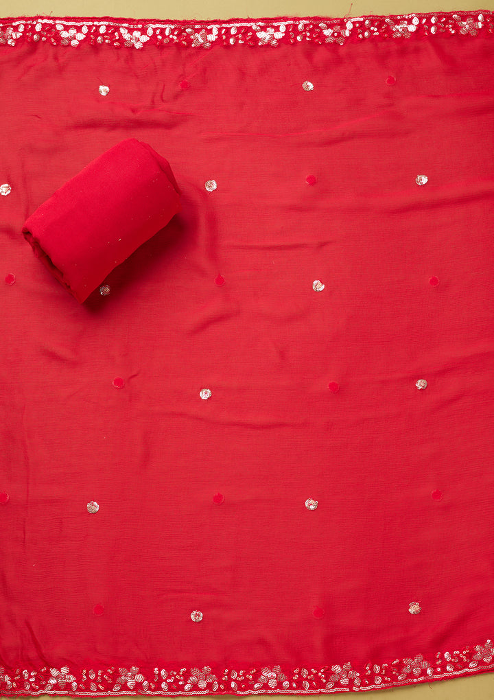 Red Crepe Floral Cutdana Unstitched Dress Material With Matching Bottom And Dupatta