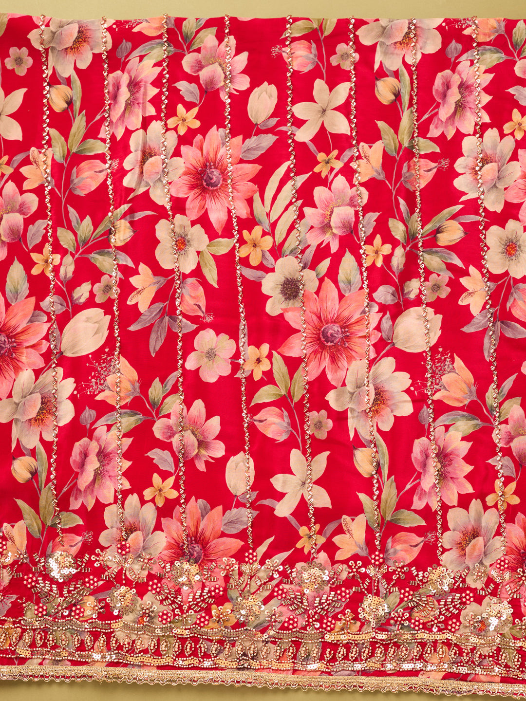 Red Crepe Floral Cutdana Unstitched Dress Material With Matching Bottom And Dupatta