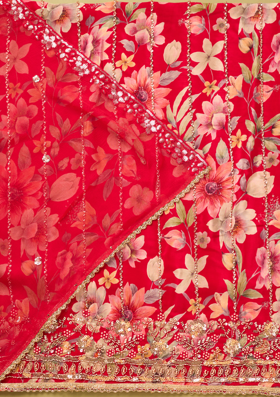 Red Crepe Floral Cutdana Unstitched Dress Material With Matching Bottom And Dupatta