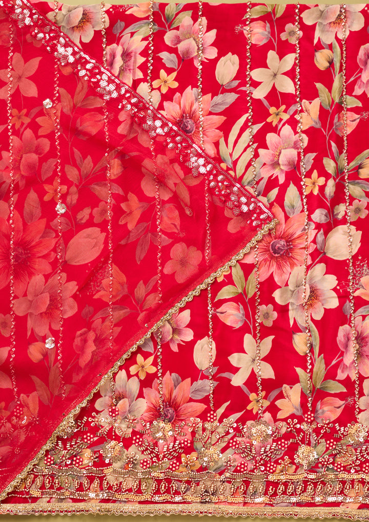 Red Crepe Floral Cutdana Unstitched Dress Material With Matching Bottom And Dupatta