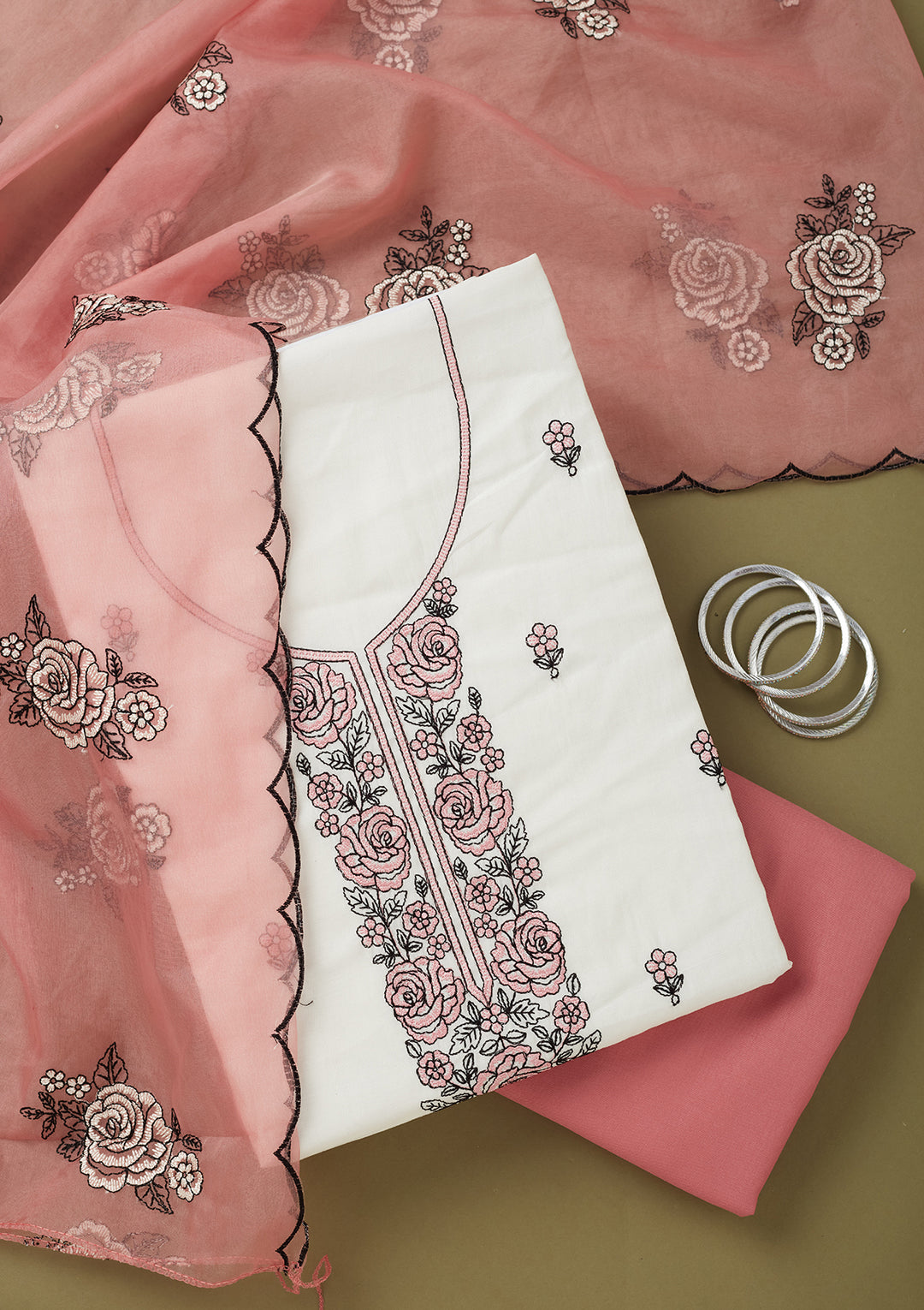Off White Pink Dola Silk Threadwork Unstitched Dress Material With Matching Bottom And Dupatta
