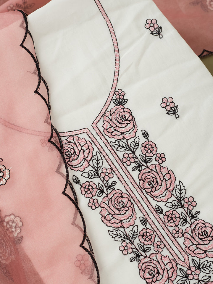 Off White Pink Dola Silk Threadwork Unstitched Dress Material With Matching Bottom And Dupatta
