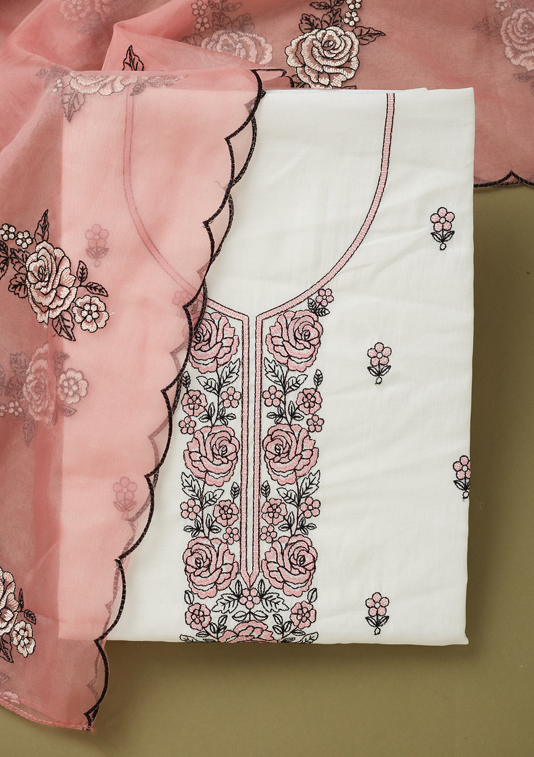Off White Pink Dola Silk Threadwork Unstitched Dress Material With Matching Bottom And Dupatta