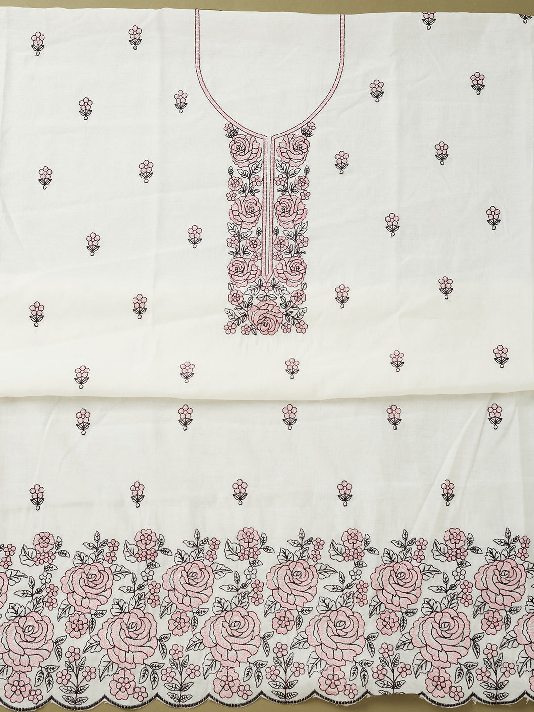Off White Pink Dola Silk Threadwork Unstitched Dress Material With Matching Bottom And Dupatta
