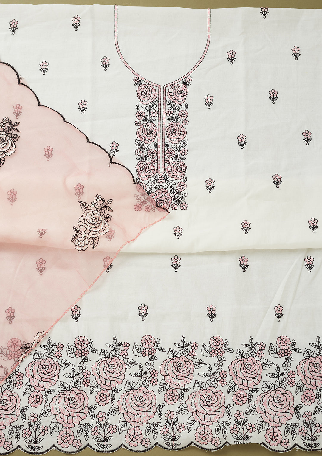 Off White Pink Dola Silk Threadwork Unstitched Dress Material With Matching Bottom And Dupatta