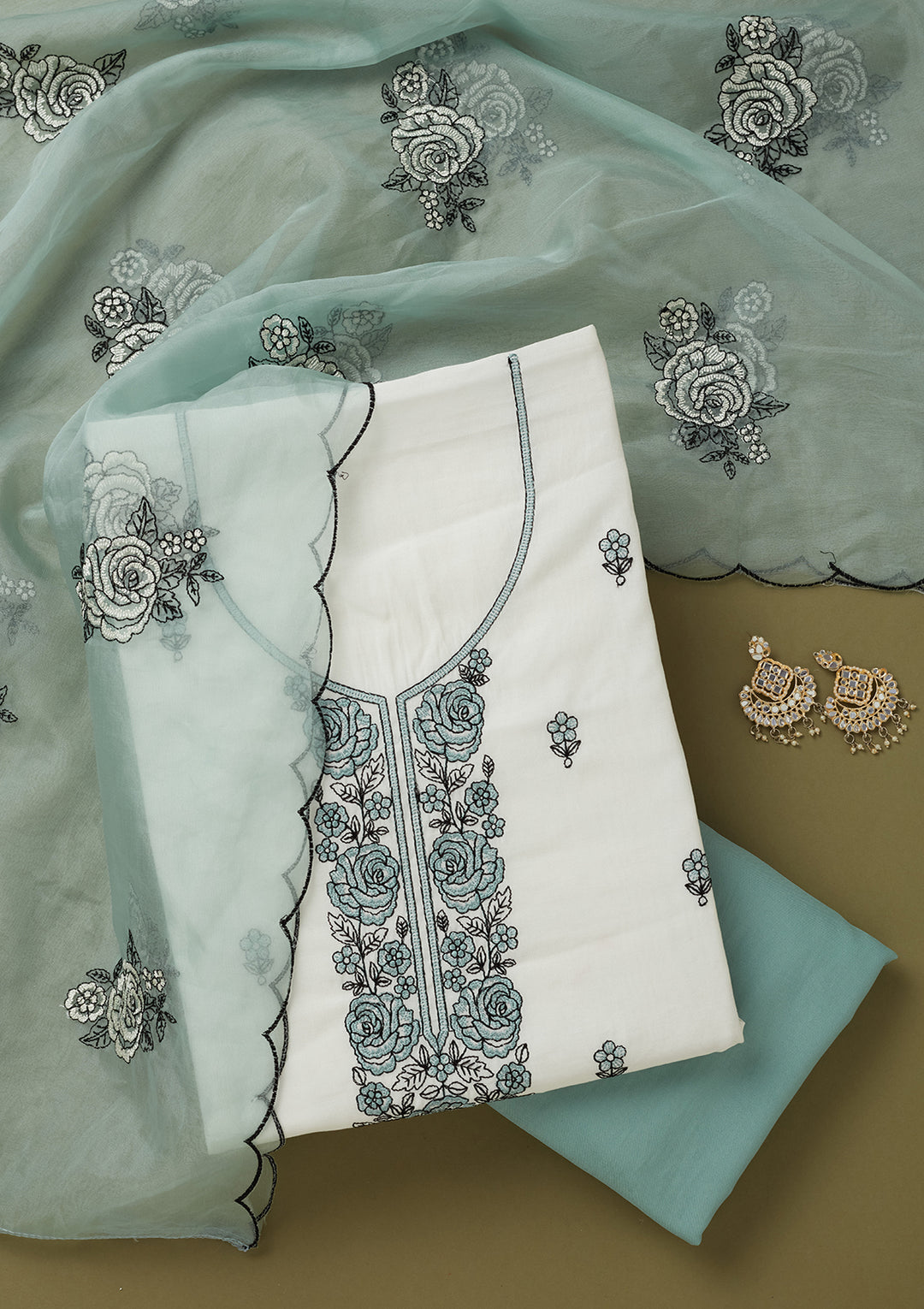 Off White Sea Green Dola Silk Threadwork Unstitched Dress Material With Matching Bottom And Dupatta