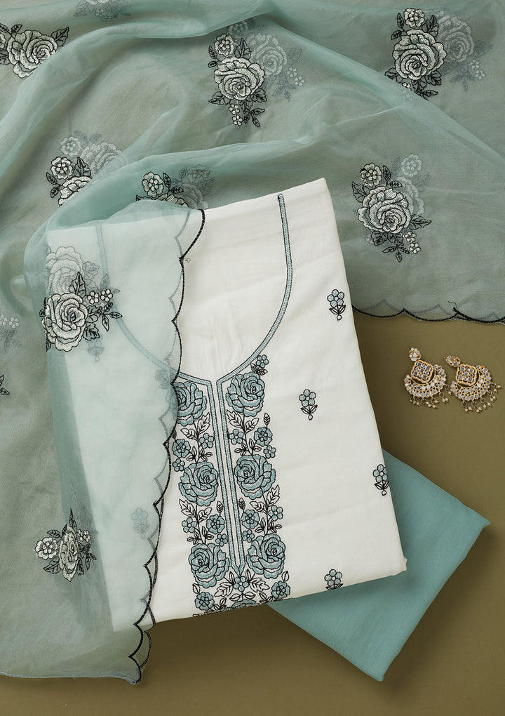 Off White Sea Green Dola Silk Threadwork Unstitched Dress Material With Matching Bottom And Dupatta