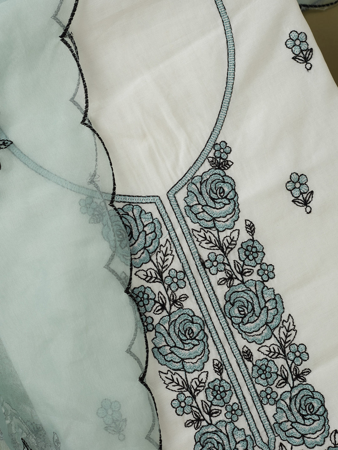 Off White Sea Green Dola Silk Threadwork Unstitched Dress Material With Matching Bottom And Dupatta