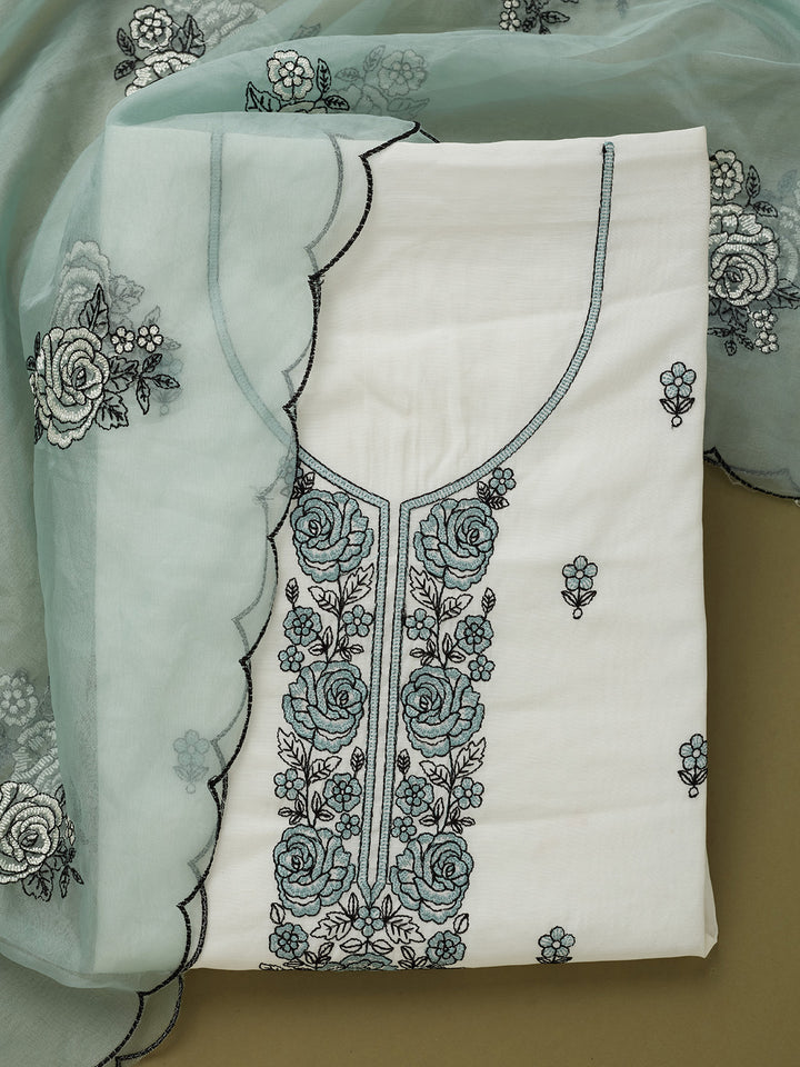 Off White Sea Green Dola Silk Threadwork Unstitched Dress Material With Matching Bottom And Dupatta
