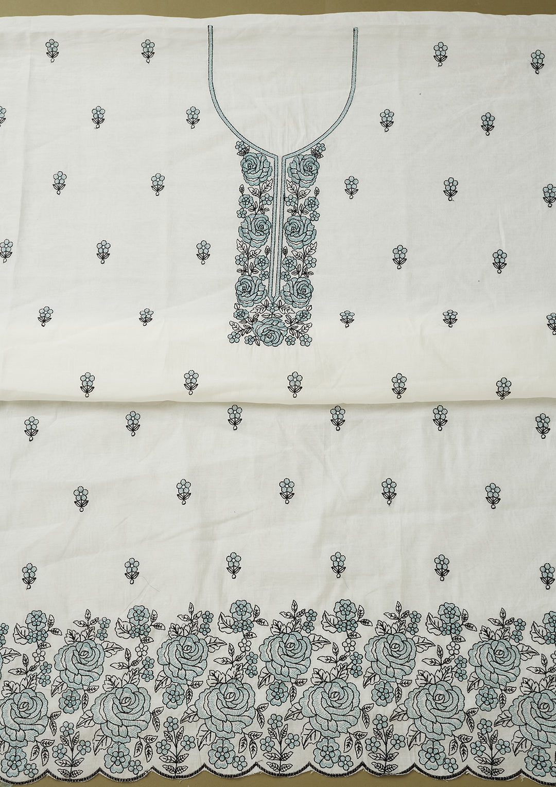 Off White Sea Green Dola Silk Threadwork Unstitched Dress Material With Matching Bottom And Dupatta