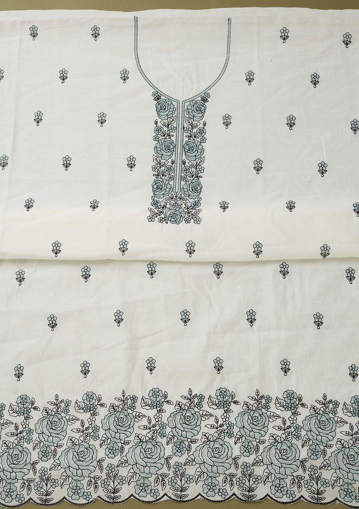 Off White Sea Green Dola Silk Threadwork Unstitched Dress Material With Matching Bottom And Dupatta