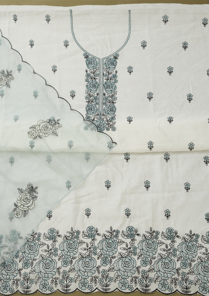 Off White Sea Green Dola Silk Threadwork Unstitched Dress Material With Matching Bottom And Dupatta