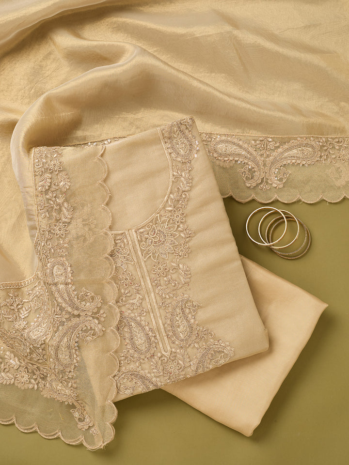 Beige Tissue Gold Zariwork Unstitched Dress Material With Matching Bottom And Dupatta