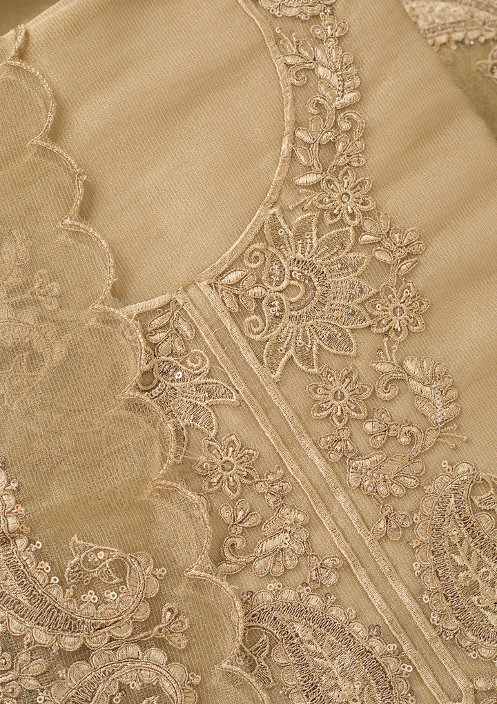Beige Tissue Gold Zariwork Unstitched Dress Material With Matching Bottom And Dupatta