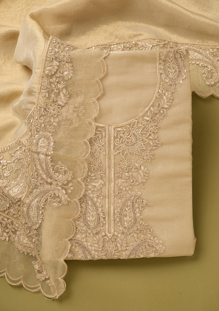Beige Tissue Gold Zariwork Unstitched Dress Material With Matching Bottom And Dupatta