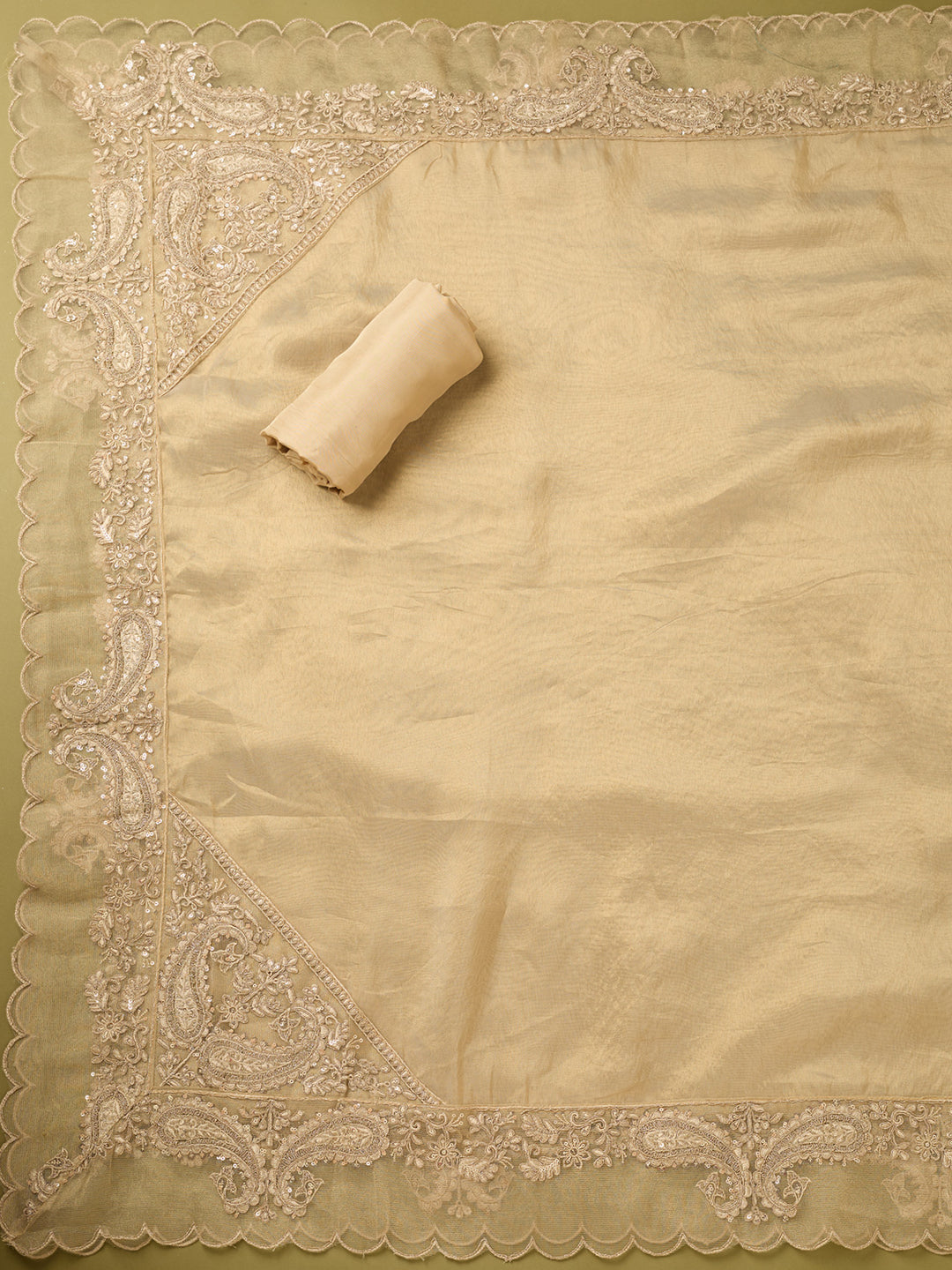 Beige Tissue Gold Zariwork Unstitched Dress Material With Matching Bottom And Dupatta