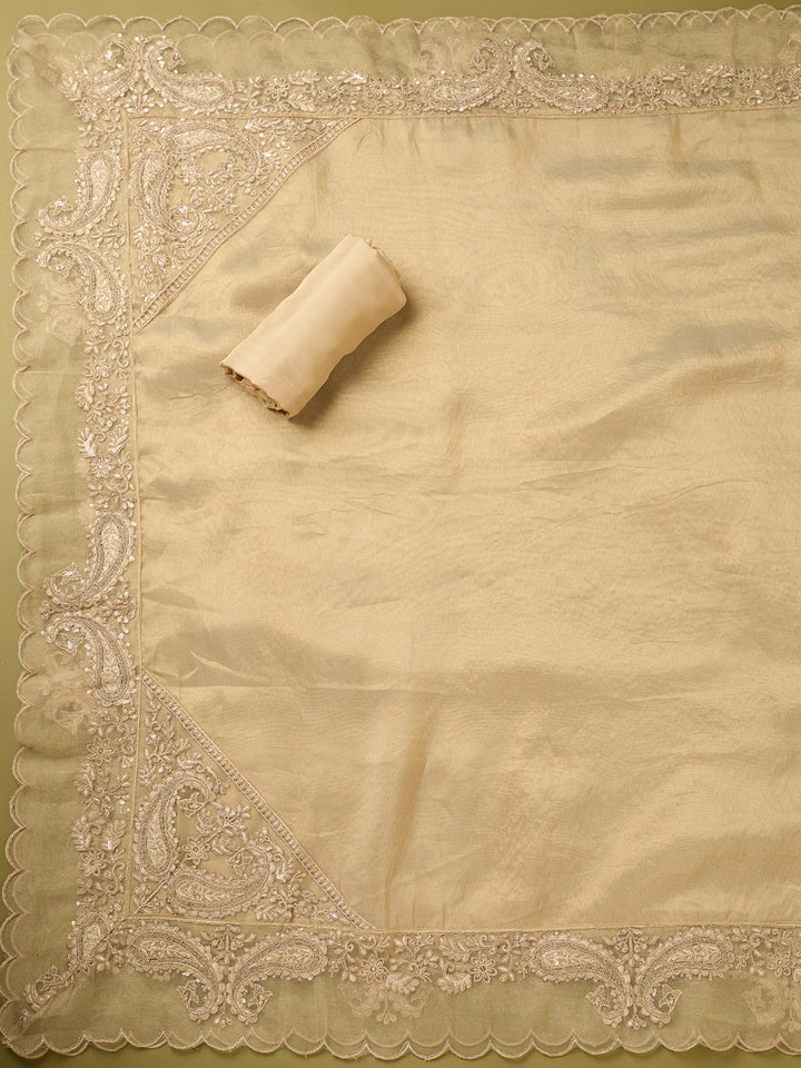 Beige Tissue Gold Zariwork Unstitched Dress Material With Matching Bottom And Dupatta