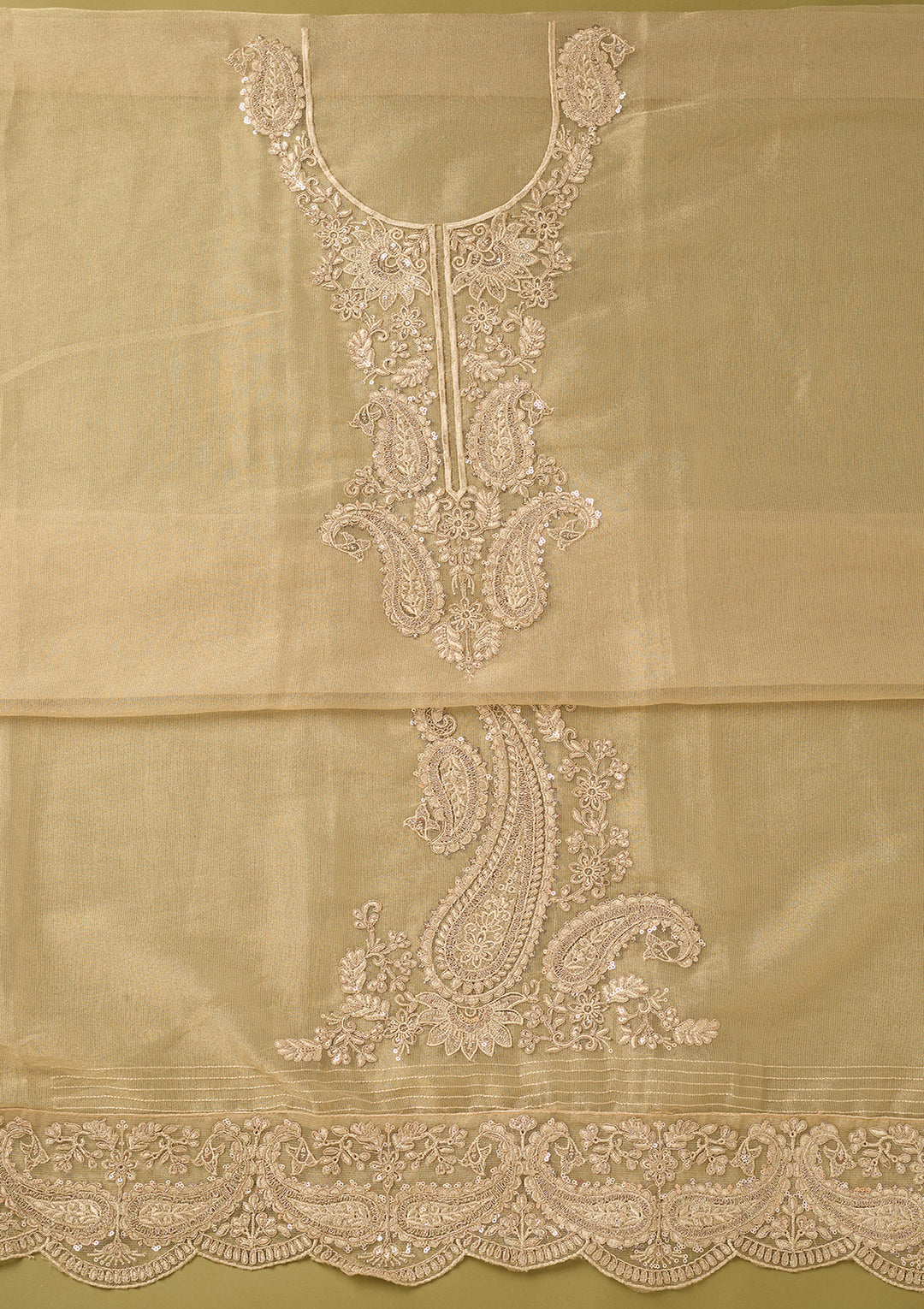 Beige Tissue Gold Zariwork Unstitched Dress Material With Matching Bottom And Dupatta