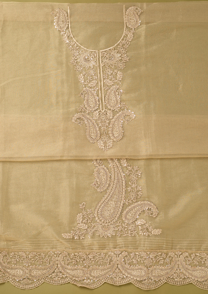 Beige Tissue Gold Zariwork Unstitched Dress Material With Matching Bottom And Dupatta