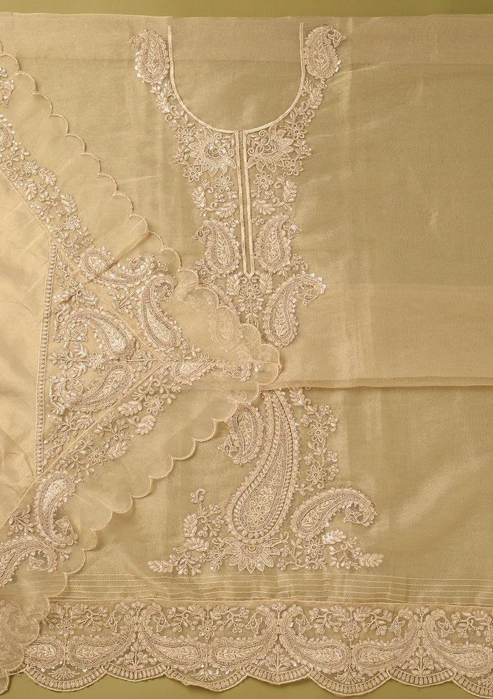 Beige Tissue Gold Zariwork Unstitched Dress Material With Matching Bottom And Dupatta