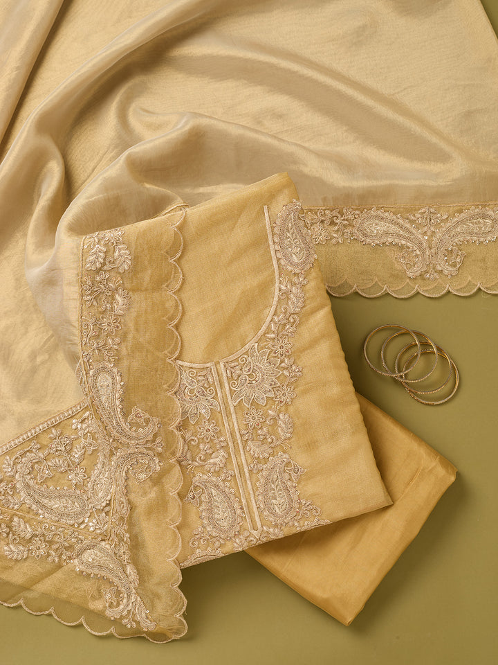 Gold Tissue Gold Zariwork Unstitched Dress Material With Matching Bottom And Dupatta