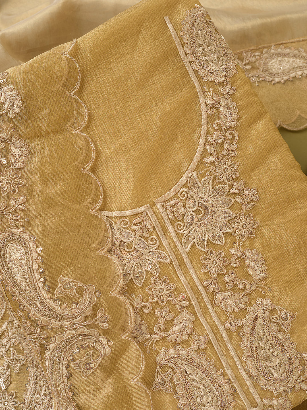 Gold Tissue Gold Zariwork Unstitched Dress Material With Matching Bottom And Dupatta
