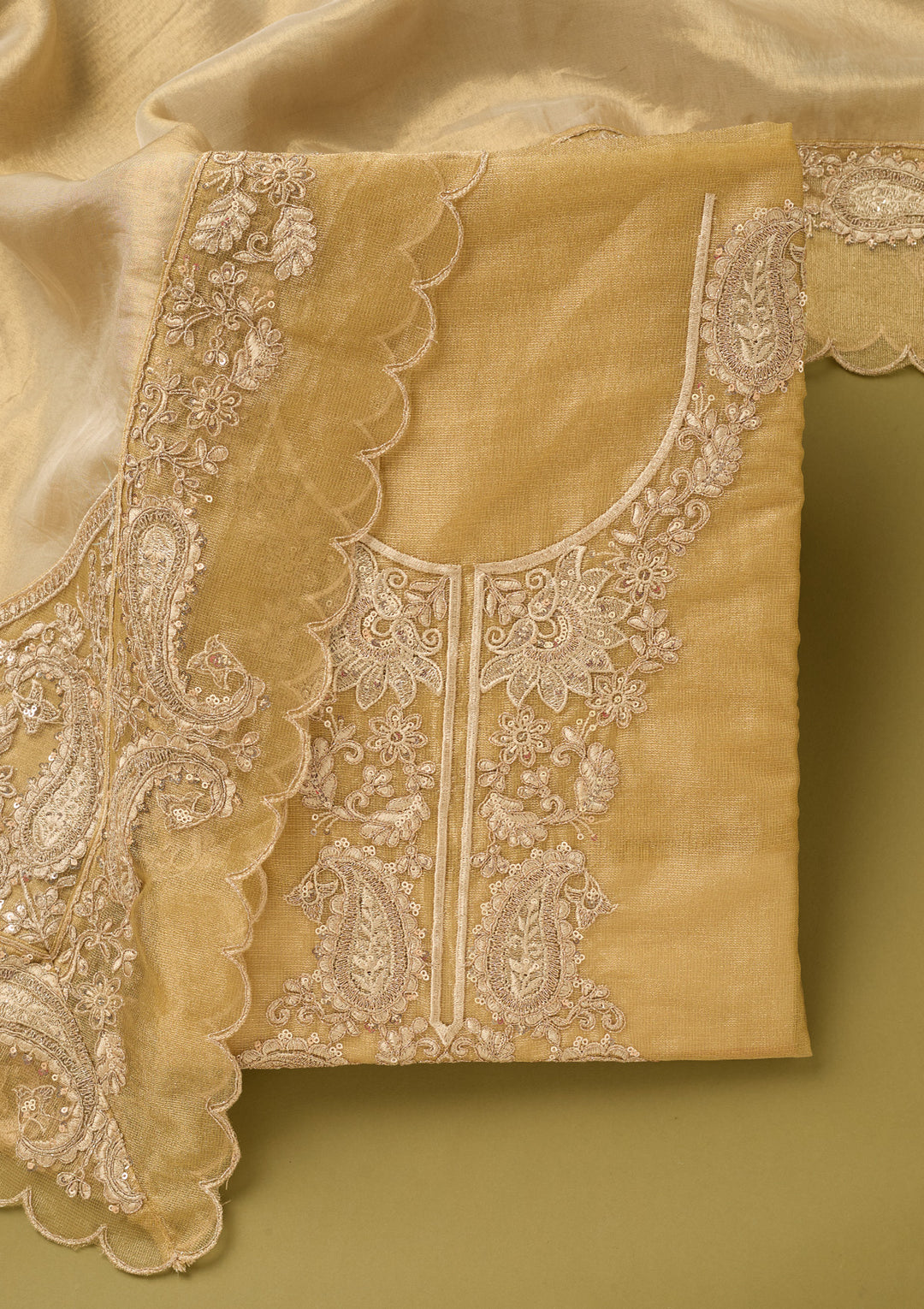 Gold Tissue Gold Zariwork Unstitched Dress Material With Matching Bottom And Dupatta