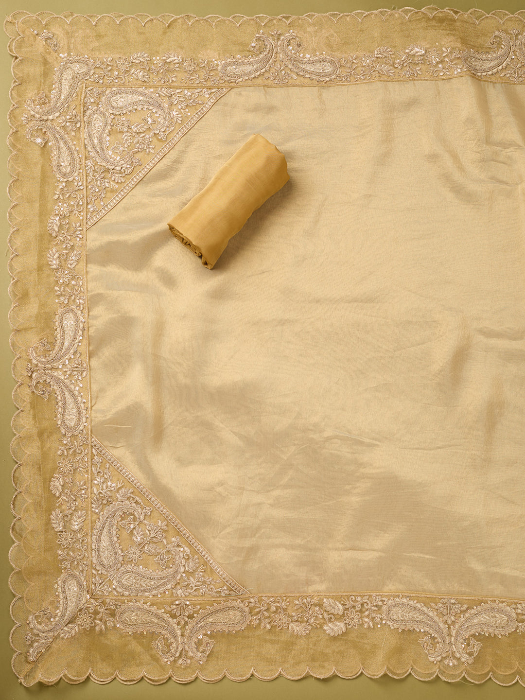 Gold Tissue Gold Zariwork Unstitched Dress Material With Matching Bottom And Dupatta