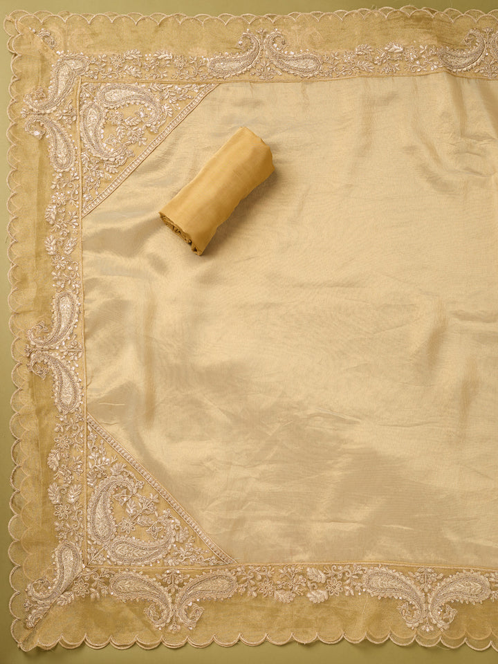 Gold Tissue Gold Zariwork Unstitched Dress Material With Matching Bottom And Dupatta