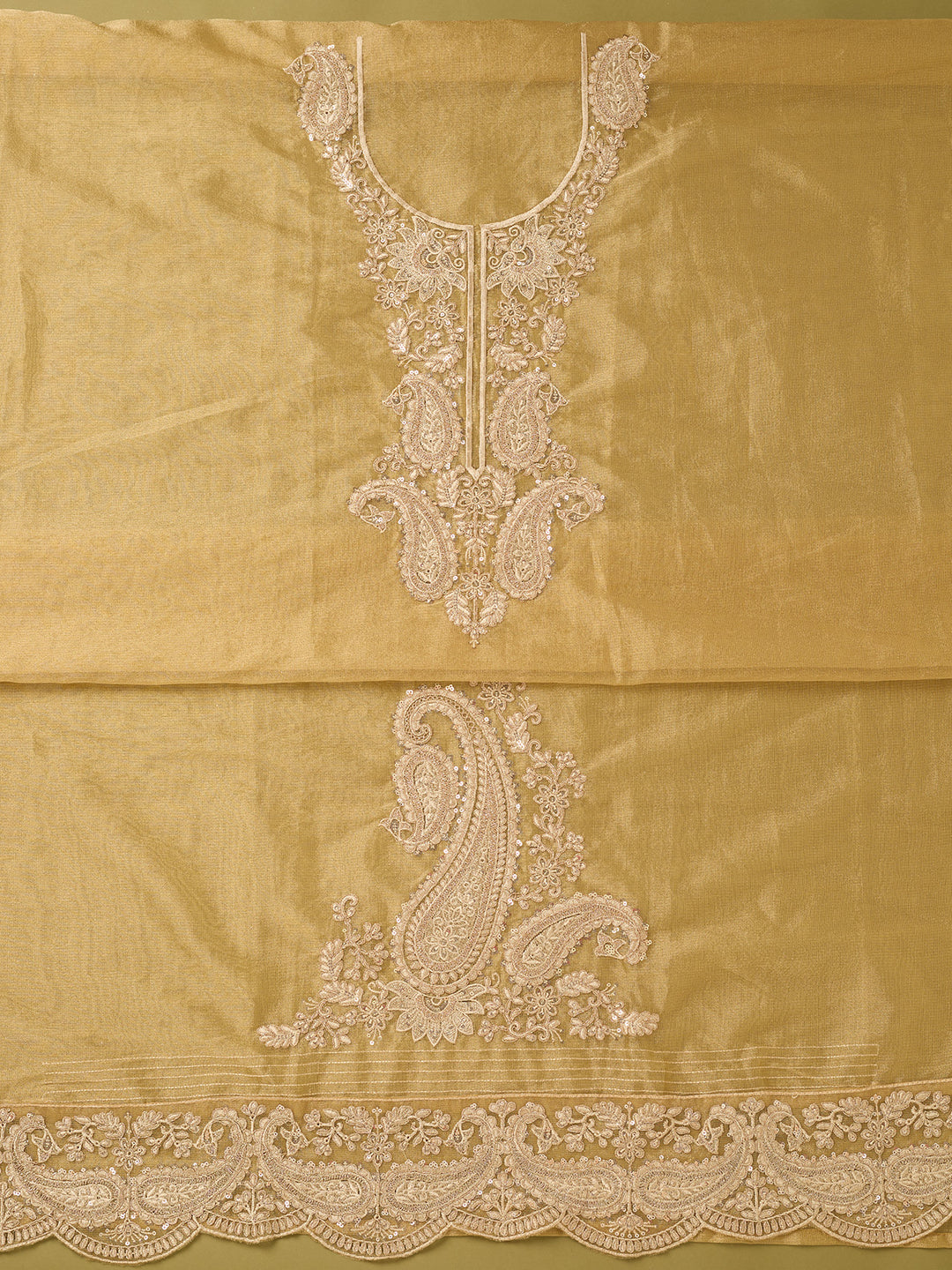 Gold Tissue Gold Zariwork Unstitched Dress Material With Matching Bottom And Dupatta