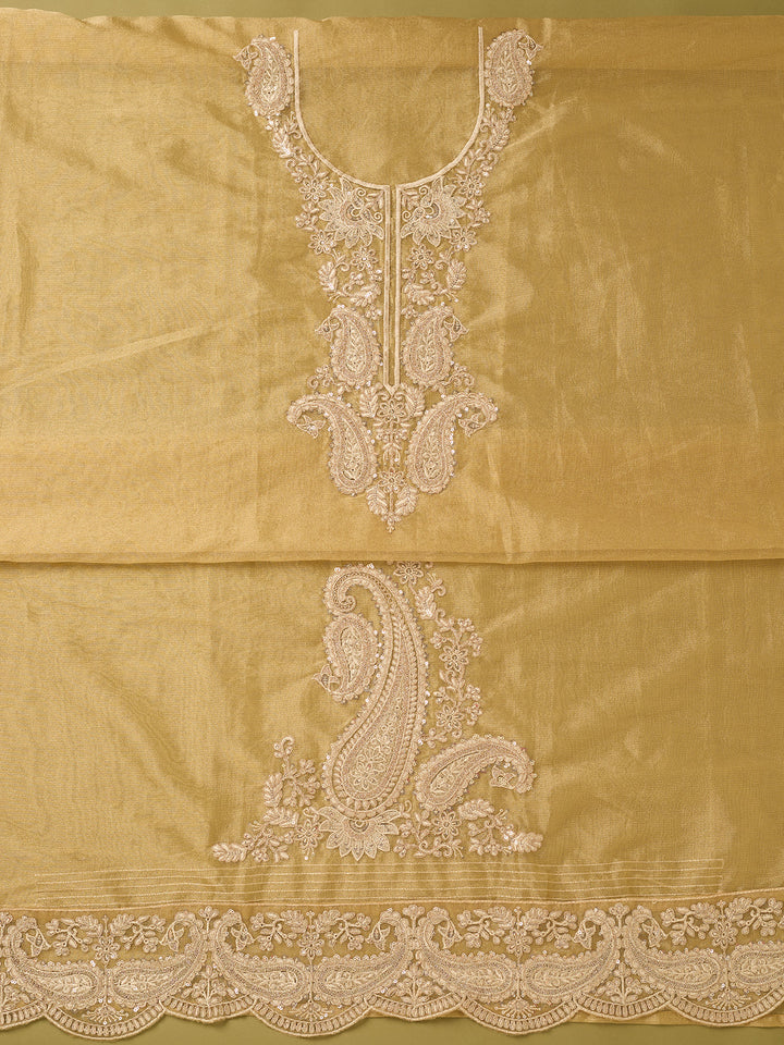 Gold Tissue Gold Zariwork Unstitched Dress Material With Matching Bottom And Dupatta