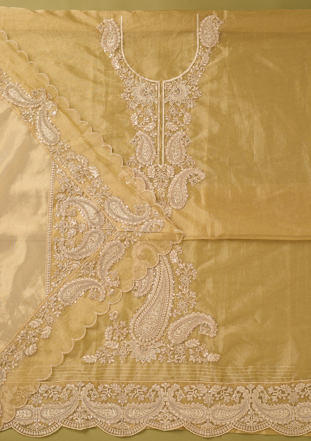 Gold Tissue Gold Zariwork Unstitched Dress Material With Matching Bottom And Dupatta