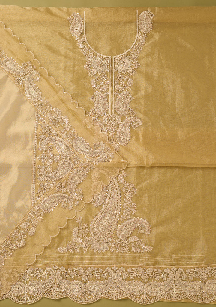 Gold Tissue Gold Zariwork Unstitched Dress Material With Matching Bottom And Dupatta