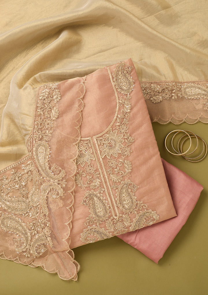 Onion Pink Tissue Gold Zariwork Unstitched Dress Material With Matching Bottom And Dupatta