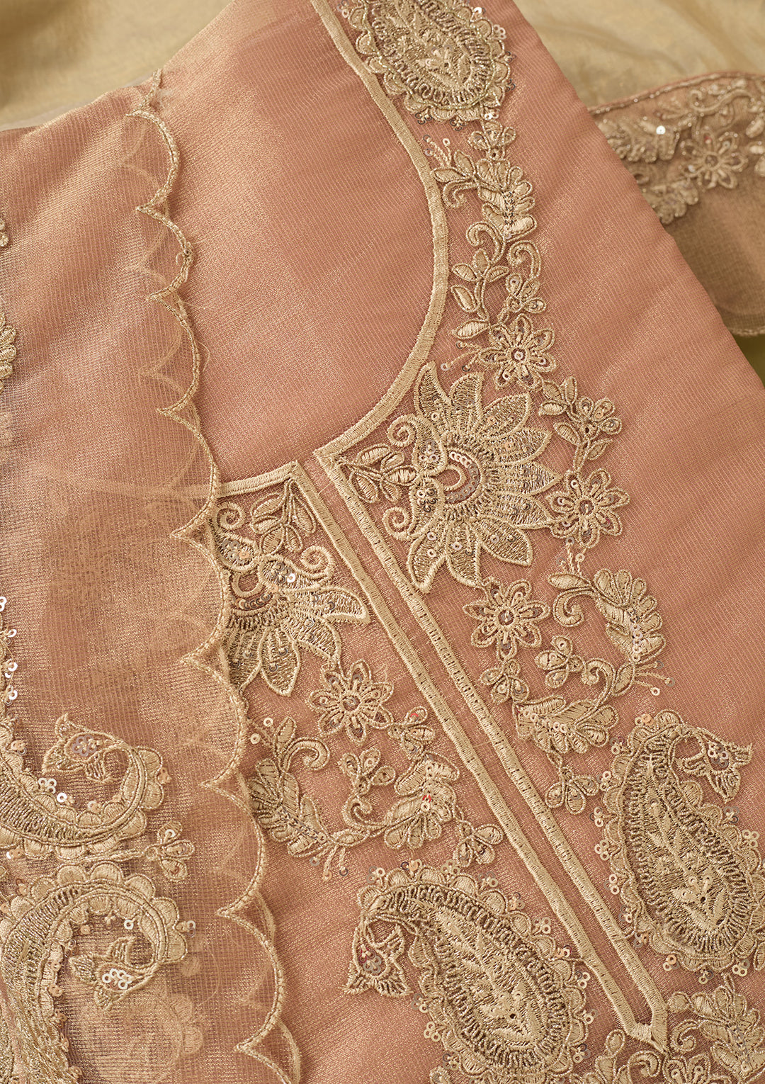 Onion Pink Tissue Gold Zariwork Unstitched Dress Material With Matching Bottom And Dupatta