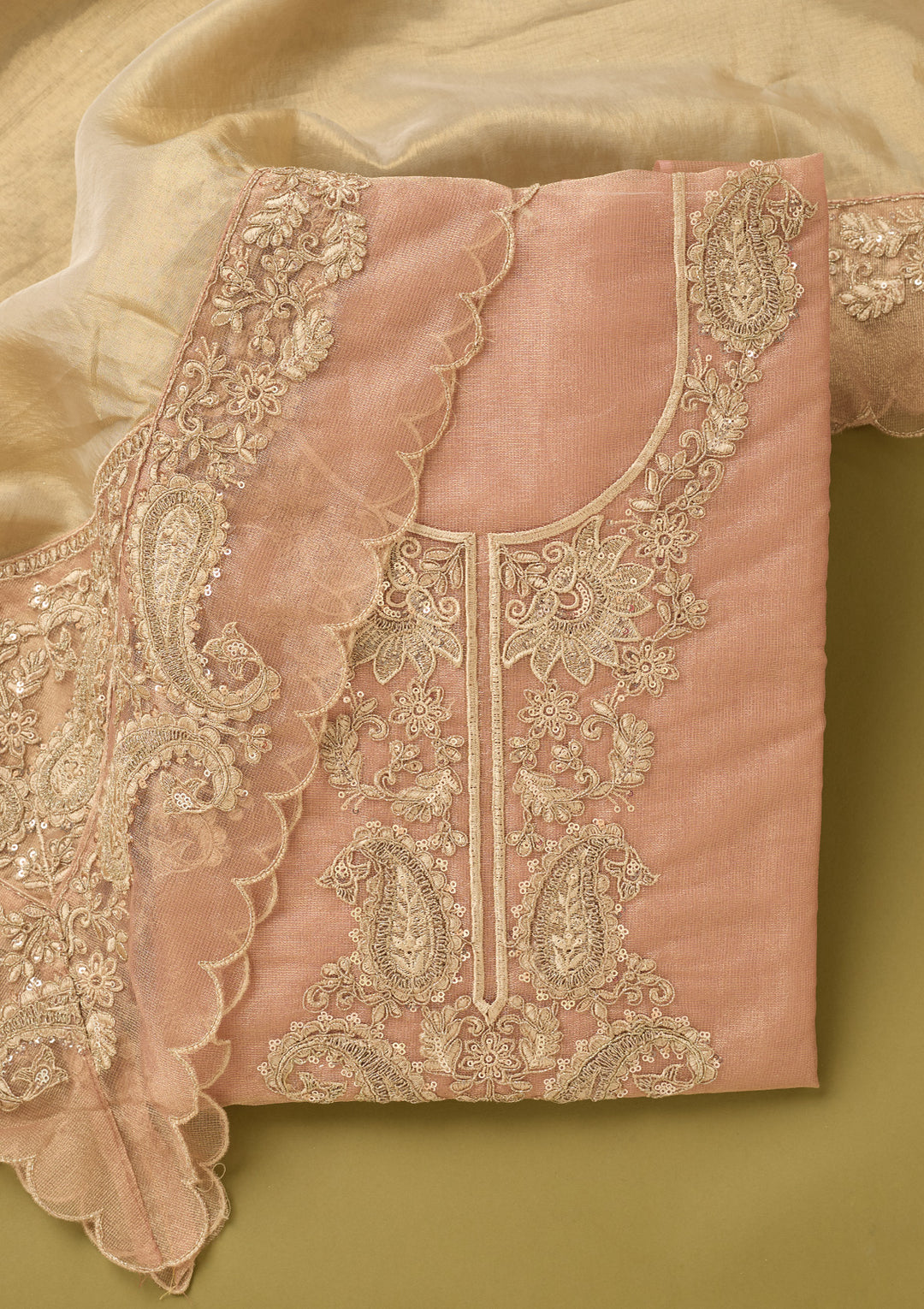 Onion Pink Tissue Gold Zariwork Unstitched Dress Material With Matching Bottom And Dupatta