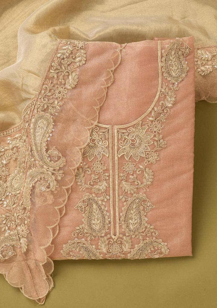 Onion Pink Tissue Gold Zariwork Unstitched Dress Material With Matching Bottom And Dupatta