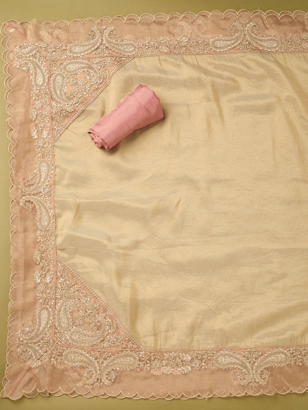 Onion Pink Tissue Gold Zariwork Unstitched Dress Material With Matching Bottom And Dupatta