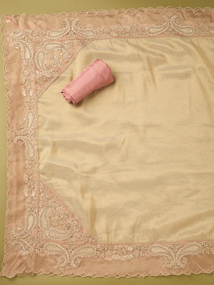 Onion Pink Tissue Gold Zariwork Unstitched Dress Material With Matching Bottom And Dupatta