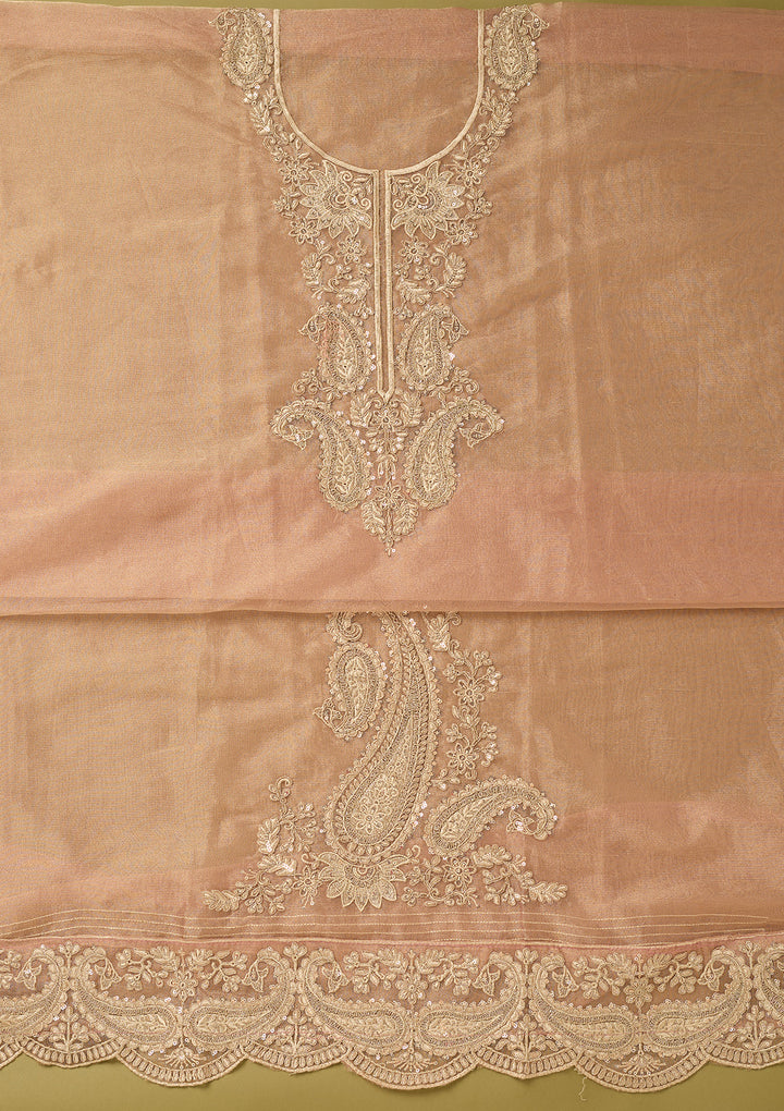 Onion Pink Tissue Gold Zariwork Unstitched Dress Material With Matching Bottom And Dupatta