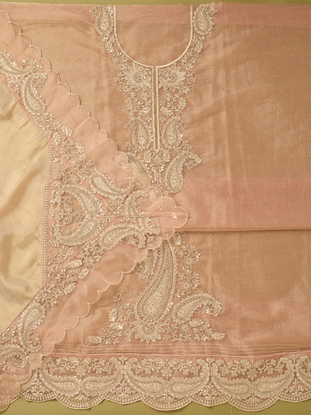Onion Pink Tissue Gold Zariwork Unstitched Dress Material With Matching Bottom And Dupatta
