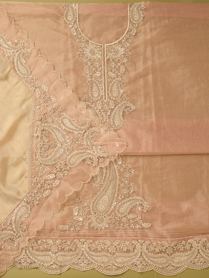 Onion Pink Tissue Gold Zariwork Unstitched Dress Material With Matching Bottom And Dupatta