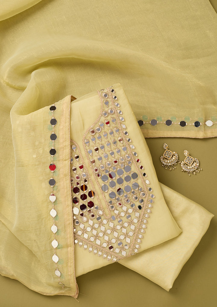 Lemon Yellow Tissue Mirrorwork Unstitched Dress Material With Matching Bottom And Dupatta