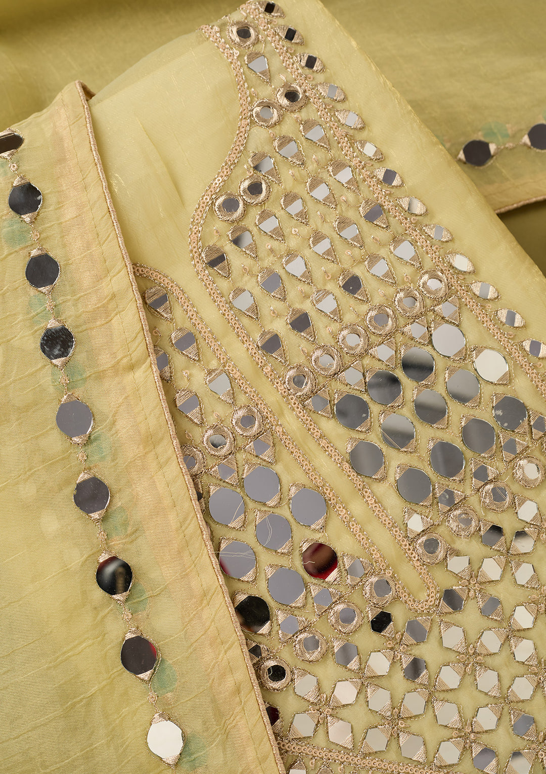 Lemon Yellow Tissue Mirrorwork Unstitched Dress Material With Matching Bottom And Dupatta