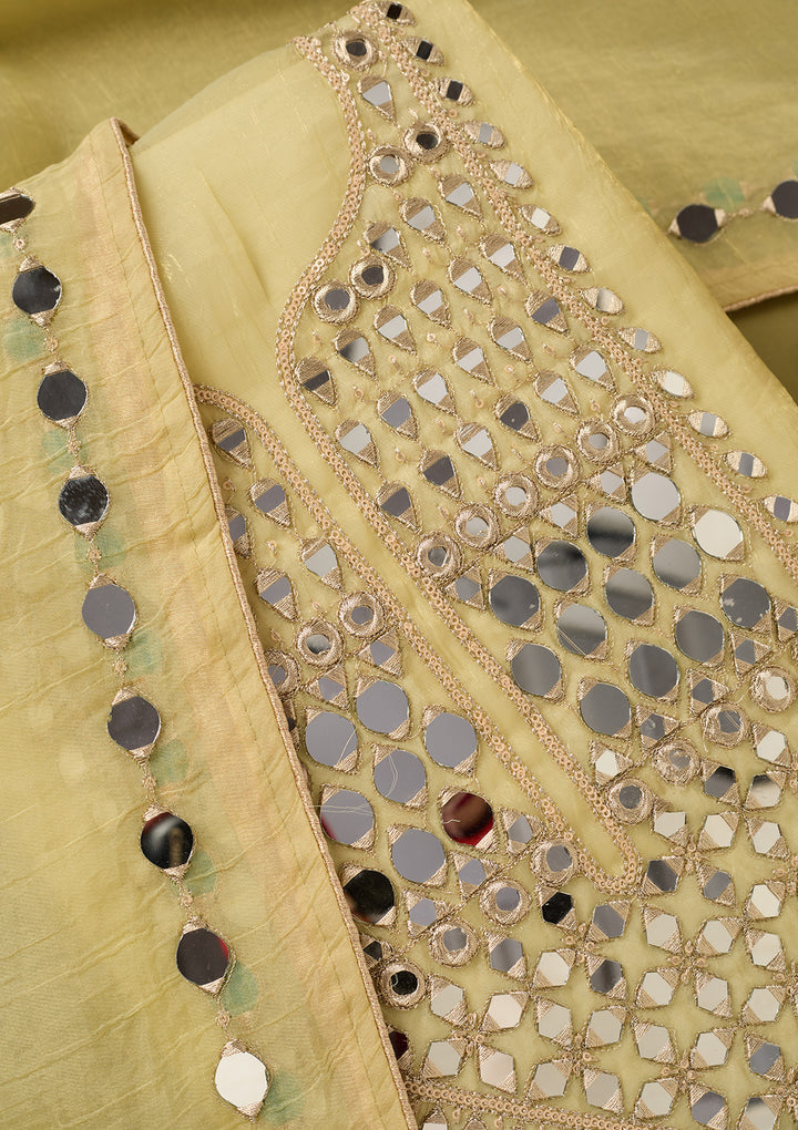 Lemon Yellow Tissue Mirrorwork Unstitched Dress Material With Matching Bottom And Dupatta