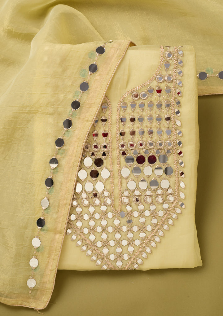 Lemon Yellow Tissue Mirrorwork Unstitched Dress Material With Matching Bottom And Dupatta